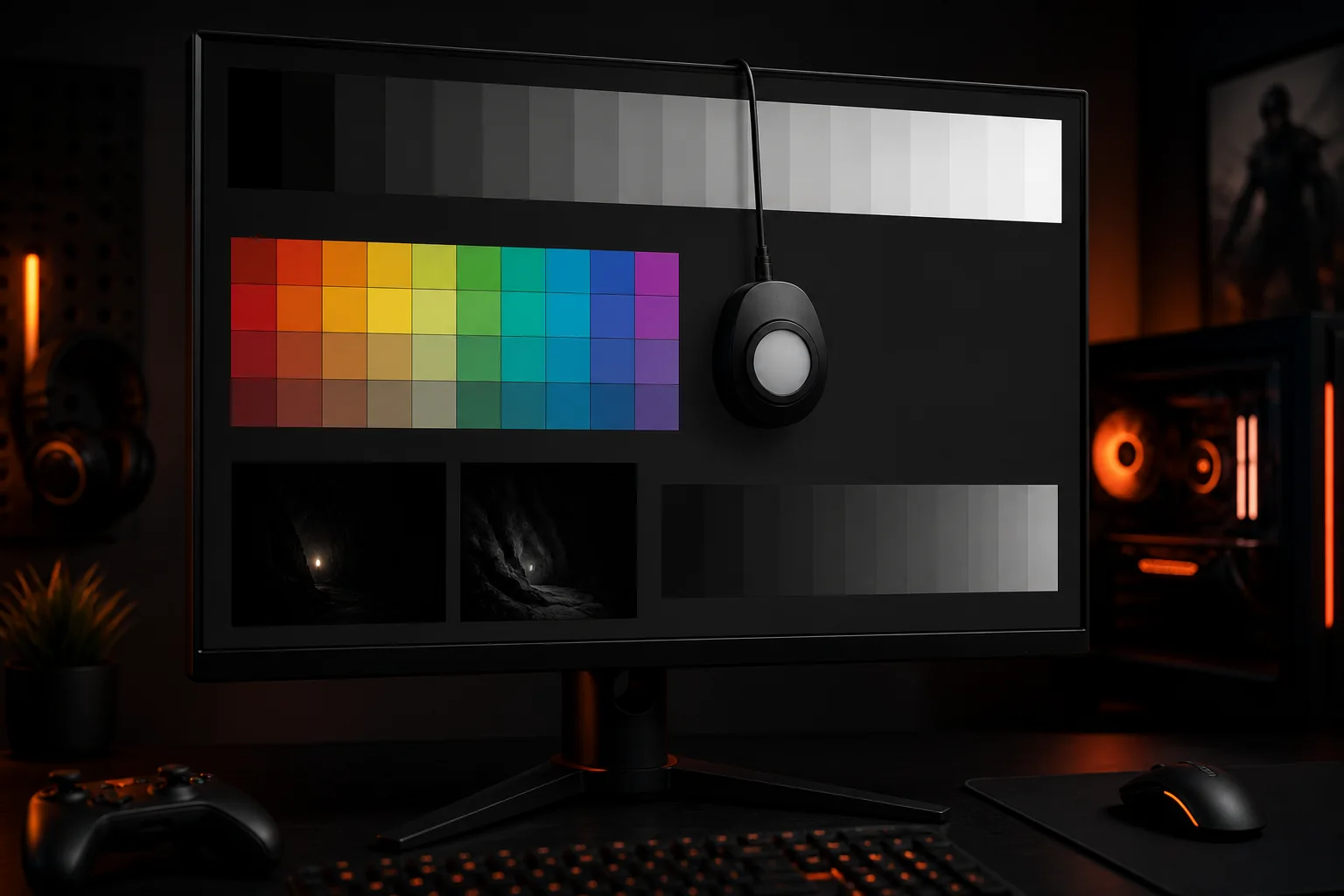 Monitor displaying grayscale bars and color patches with a calibration sensor