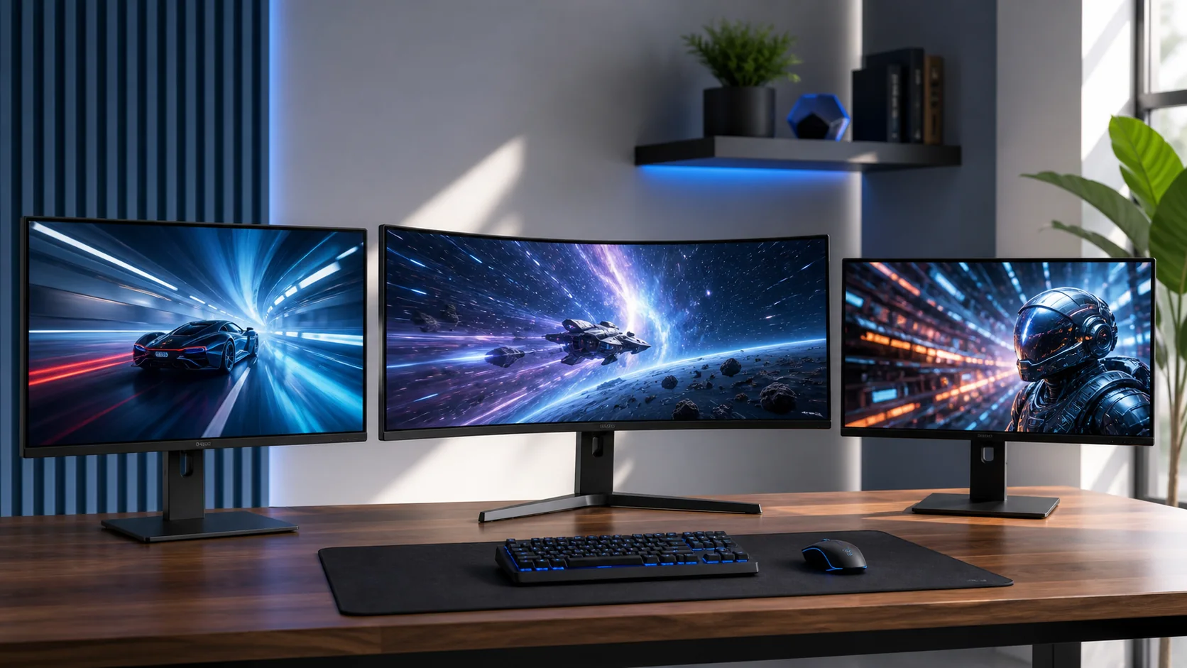 Three gaming monitors showing different game scenes on a desk