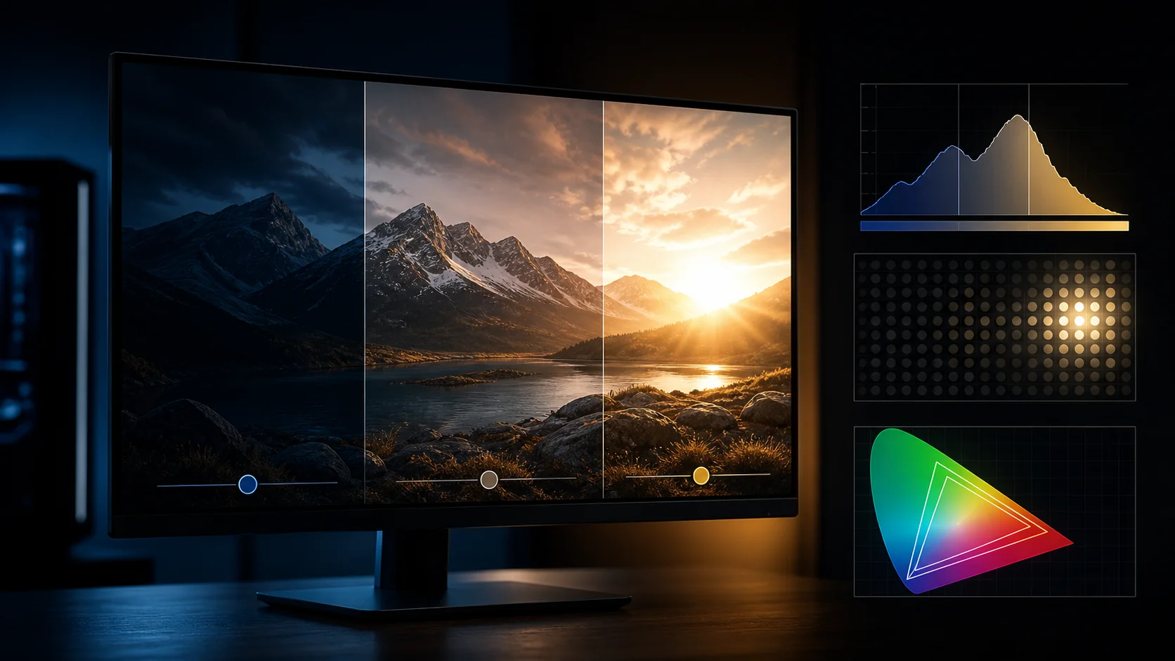 HDR gaming monitor showing shadows highlights local dimming and color range