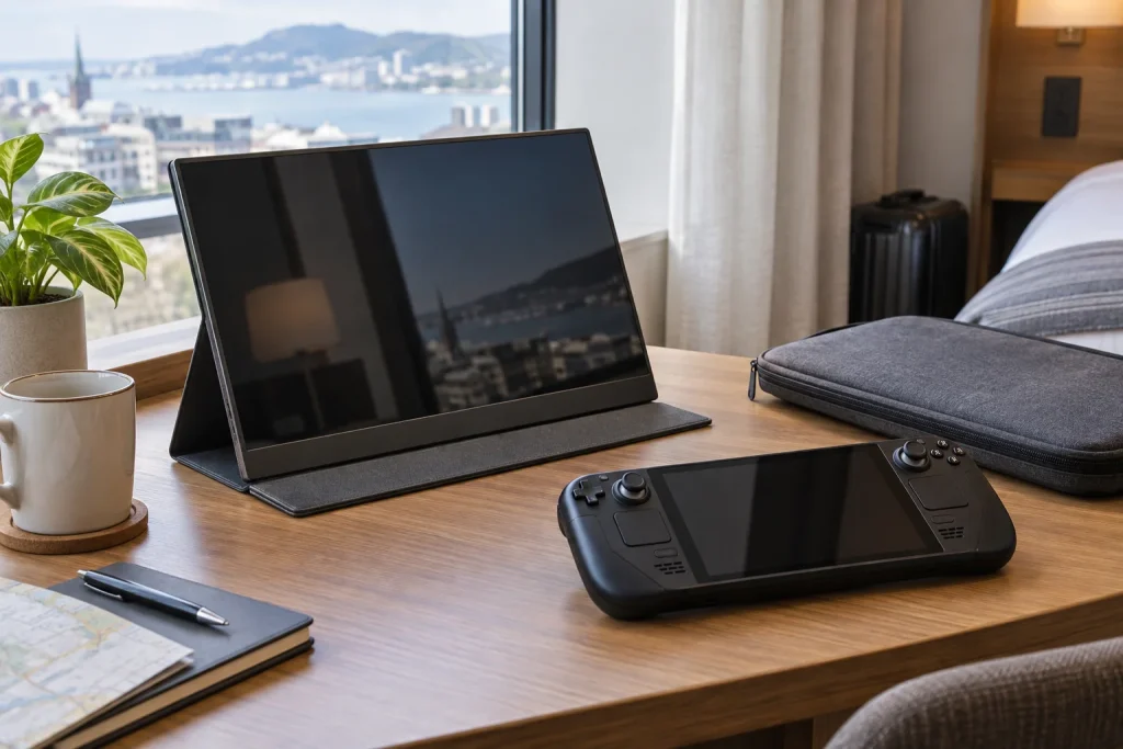 Portable monitor and handheld gaming computer on a hotel desk