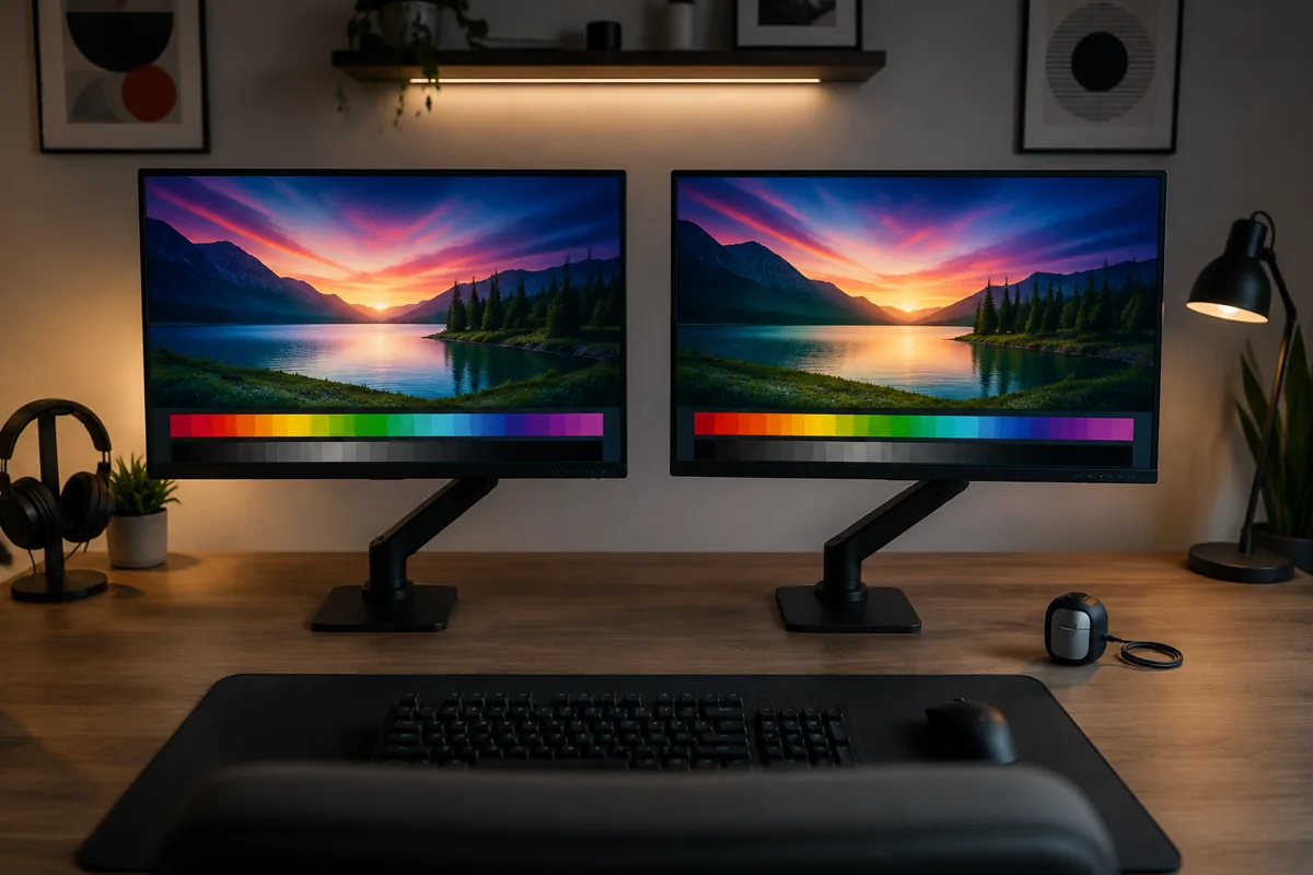 Two gaming monitors showing matching color gradients and landscapes at a desktop viewing position